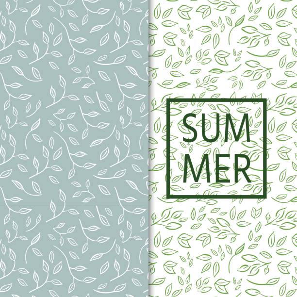Fresh pattern with branches,leaves for organic labels, healthy f Two  fresh pattern with branches,leaves for organic labels, healthy food packaging, natural cosmetics, shop, fabric, vegan products. Green vector background. gardening borders stock illustrations