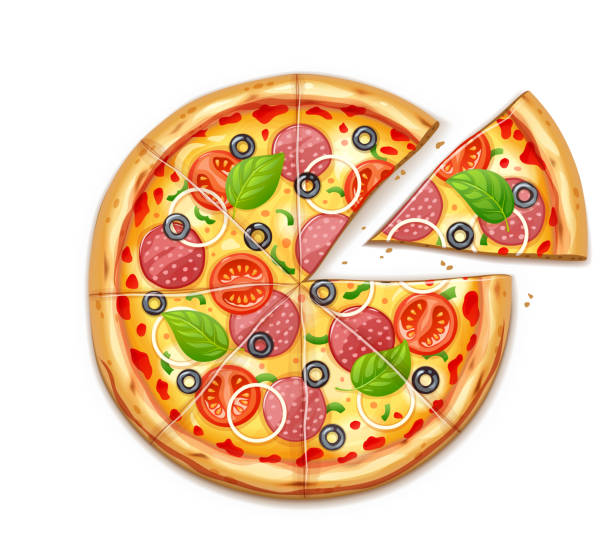 Fresh pizza with tomato, cheese, olive, sausage, onion Fresh pizza with tomato, cheese, olive, sausage, onion, basil. Traditional italian fast food. Top view meal. European snack. Isolated white background. EPS10 vector illustration. pizza stock illustrations