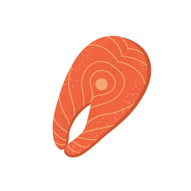 illustrations, cliparts, dessins animés et icônes de icône fraîche de vecteur de viande de poisson rouge. style de dessin animé texturé de steak de saumon cru. illustration organique de fruits de mer pour le menu d'alimentation d'isolement. - saumon