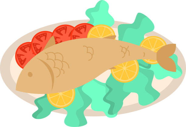 bildbanksillustrationer, clip art samt tecknat material och ikoner med färsk rostad fisk på keramisk platta med skuren tomat - tallrik med fisk