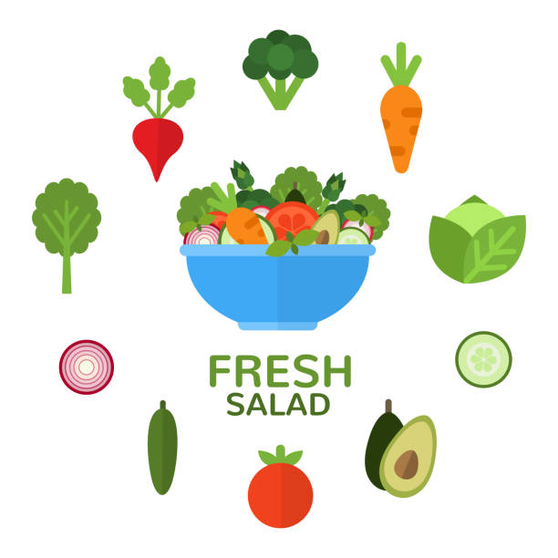 新鮮的沙拉在碗中素食功能表和健康食品廣告。沙拉吧。沙拉配料。適用的食品概念, 在扁平風格。向量插圖 - salad 幅插畫檔、美工圖案、卡通及圖標