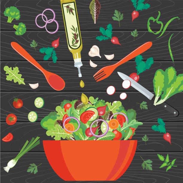 ilustrações de stock, clip art, desenhos animados e ícones de fresh salads and greens concepts - salad bowl
