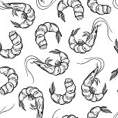 istock Fresh shrimps seamless vector pattern. Hand-drawn illustration. Seafood sketch. Shell-on marine animals, peeled. Crustacean engraving. Monochrome background Mediterranean cuisine. 1352584664