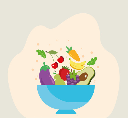 There are fruits such as bananas, cherries, grapes, strawberries and pears in the deep blue plate. There are vegetables such as eggplant, avocado, carrot. Summer fruit vegetables icons. The background is a solid color with a shaded cream color. It has a light blue shade on the blue plate.