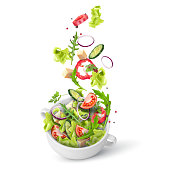 Fresh summer salad of greens and vegetables sprinkled in a deep plate. Flying salad recipe. Vector 3d realistic illustration isolated on white background