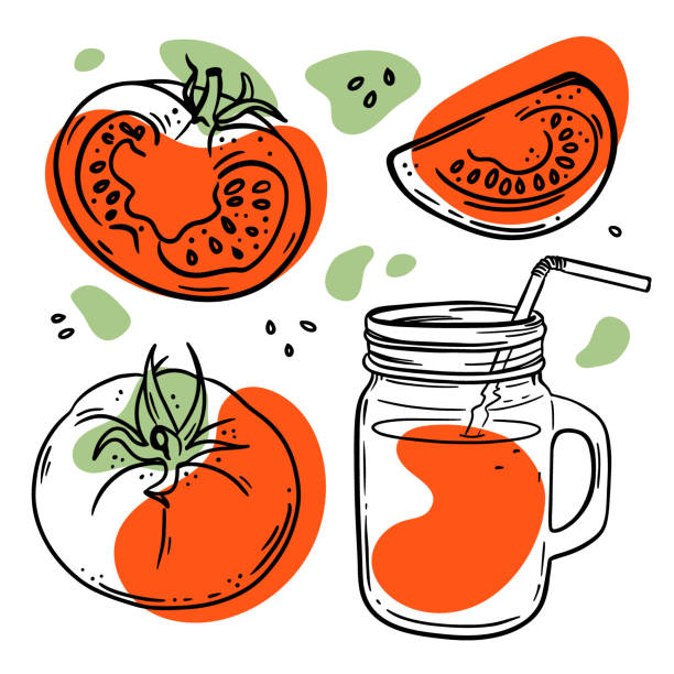 stockillustraties, clipart, cartoons en iconen met tomato juice fresh vegetable sketch vector illustration set - vegan keto