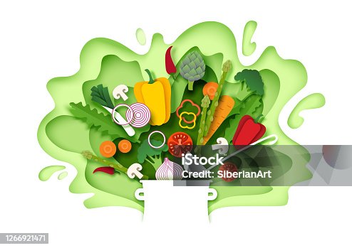 istock Fresh vegetables falling into the pot, vector layered paper cut style illustration 1266921471
