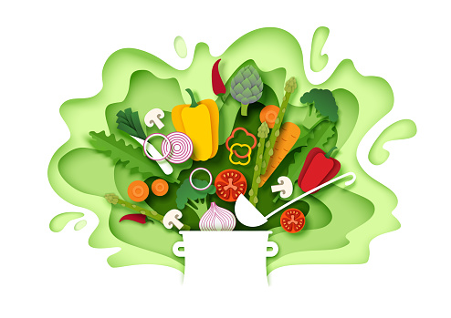 Fresh vegetables falling into the pot, vector layered paper cut style illustration