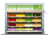 Fresh vegetables for sale display on shelf in supermarket , vector , illustration