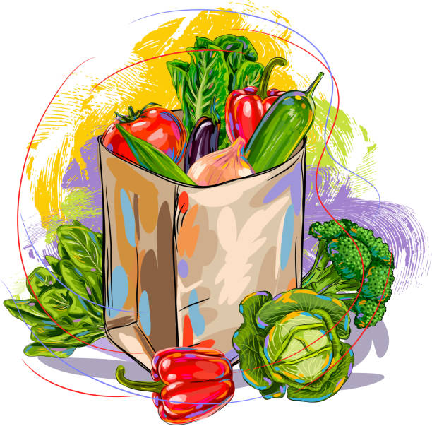 Fresh Vegetables in paper bag Fresh Vegetables in paper bag, all elemnts are in seperate layers and grouped. Please visit my portfolio for more options. okra plants pics stock illustrations