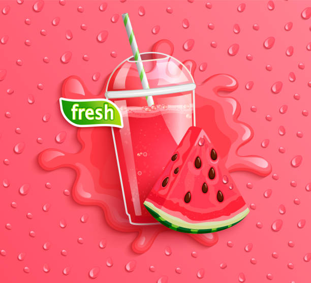 Fresh watermelon juice with slice berry. Fresh watermelon juice with slice berry, splash and delicious drops on background for brand, template, label, emblem, packaging, advertising, store. Vector illustration. smoothie backgrounds stock illustrations