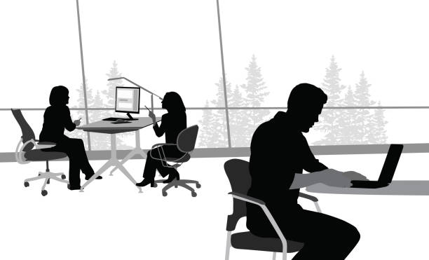 Fresh Workspace Man working on his laptop in a large office laptop silhouettes stock illustrations