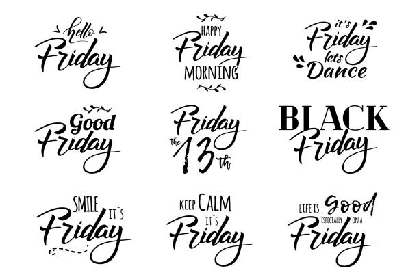 friday lettering Hello Friday. Black friday sale. Friday the 13th. It`s friday, let`s dance. Hand drawn lettering and custom typography for t-shirts, bags, posters, invitations, cards friday the 13th stock illustrations