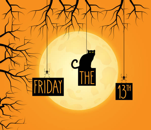 illustrations, cliparts, dessins animés et icônes de vendredi 13 fond avec chat noir. pleine lune en arrière-plan. ecriture de la main. illustration vectorielle. - vendredi 13