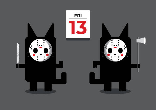 Friday the 13th black cat An illustration of a set of cute black cat wearing a mask on Friday the 13th friday the 13th stock illustrations