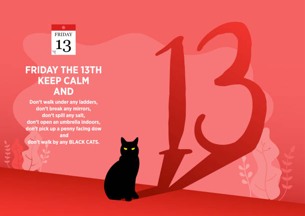 Friday the 13th, vector illustration Illustration of a black cat with its reflection resembling number 13 on a mysterious red background friday the 13th stock illustrations