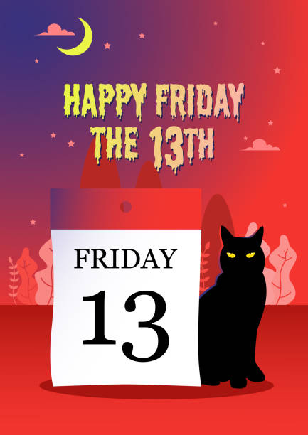 Friday the 13th, vector illustration Illustration of a black cat next to a calendar date 13 on a mysterious red background friday the 13th stock illustrations