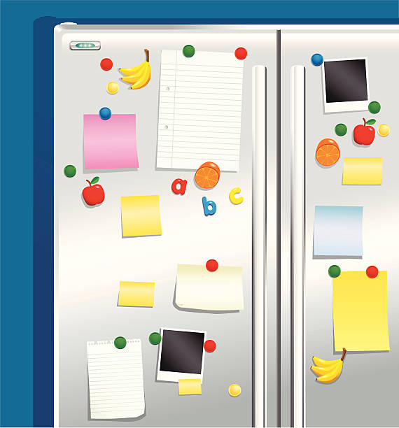 stockillustraties, clipart, cartoons en iconen met fridge door with magnets and notepaper - fridge