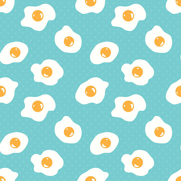 Fried egg background Seamless pattern with scrambled eggs with polka dots background breakfast designs stock illustrations