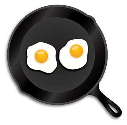 Vector illustration of an iron skillet with two fried eggs in it.