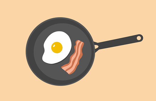 Fried eggs with crispy bacon on frying pan in hot oil, close up top view. Food. Meal. Eating. Breakfast. Lunch.
