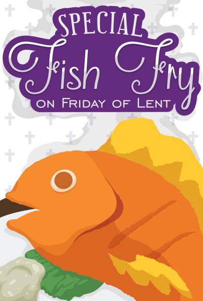 Fried Fish Menu for Friday at Lent Season Poster with traditional fried fish and fasting bread for Friday at Lent celebration. lent stock illustrations