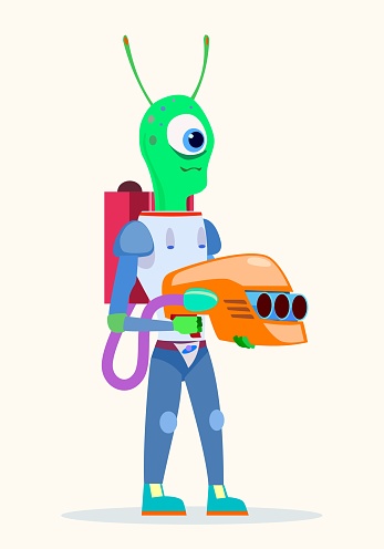 Friendly alien in a suit with a gun