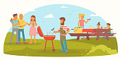Friendly family on picnic flat color illustration. Cheerful men, women and children cartoon characters. Summer vacation flat color drawing. BBQ party. Outdoor leisure, camping banner