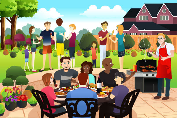 stockillustraties, clipart, cartoons en iconen met vrienden en familie verzamelen samen met bbq-partij in de zomer - family garden,party