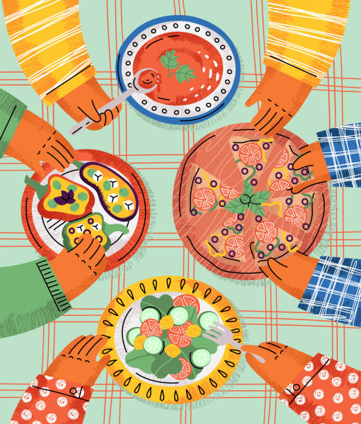 ilustrações de stock, clip art, desenhos animados e ícones de friends are vegetarians having dinner together - pizza table