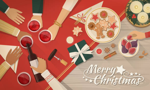 illustrazioni stock, clip art, cartoni animati e icone di tendenza di amici che festeggiano il natale insieme - christmas table