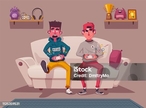 istock Friends is gaming. Nerds room interior. Cartoon vector illustration 1125359531