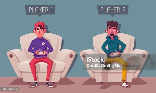 istock Friends is gaming. Nerds room interior. Cartoon vector illustration 1125361155