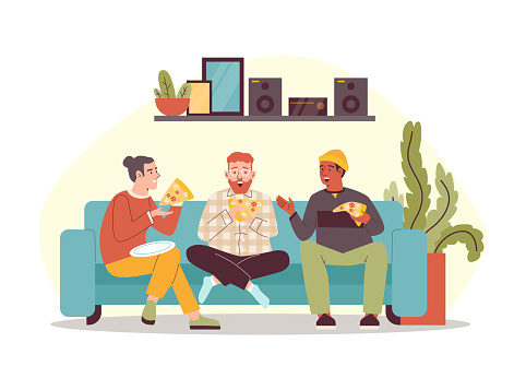 Friends male characters eating pizza at home, flat vector illustration isolated.