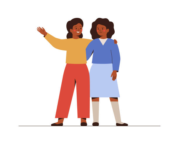 Friends stand together and embrace. Smiling Two schoolgirls greeting and supporting each other. Girl shows something to her sister or welcomes her. Concept of friendship and partnership. vector art illustration