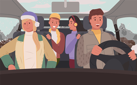 Friends Traveling in Car, Winter Road Trip Vector