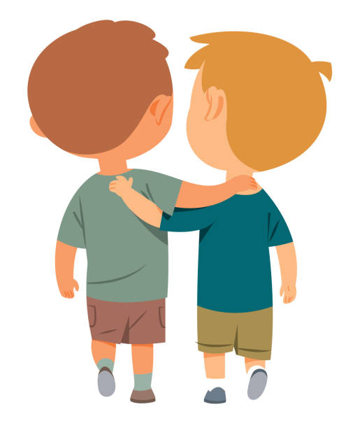 stockillustraties, clipart, cartoons en iconen met vrienden twee jongens die samen lopen - hugging outside