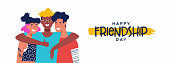Happy friendship day web banner with diverse friend group of people hugging together. Young generation team hug on social event holiday.