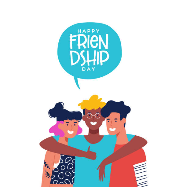 stockillustraties, clipart, cartoons en iconen met vriendschap dag kaart van drie vrienden in groep knuffel - teenagers hanging out