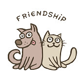 Friendship dog and cat. Best friends. Vector illustration. Together forever. Cute cartoon pets characters.
