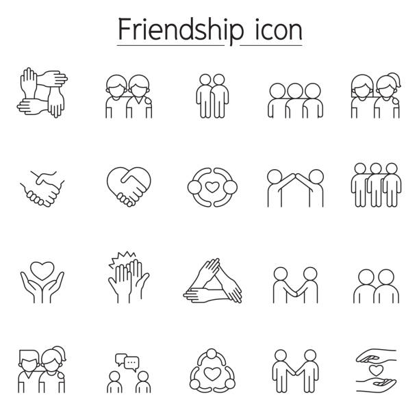illustrazioni stock, clip art, cartoni animati e icone di tendenza di icona amicizia impostata in stile linea sottile - hand holding