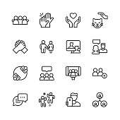 16 Friendship Outline Icons. Friend, Group of People, Social Gathering, Party, Handshake, Human Hand, Teamwork, Partnership, Cup of Coffee, Tea, Message, E-Mail, Invitation, Communication, Greeting Card, Bonding, Togetherness, Support, Mental Health, High Five, Video Call, Social Media, Depression, Meeting, Pet, Couple, Relationship, Woman, Man, Selfie, Dancing, Love, Fist Bump.