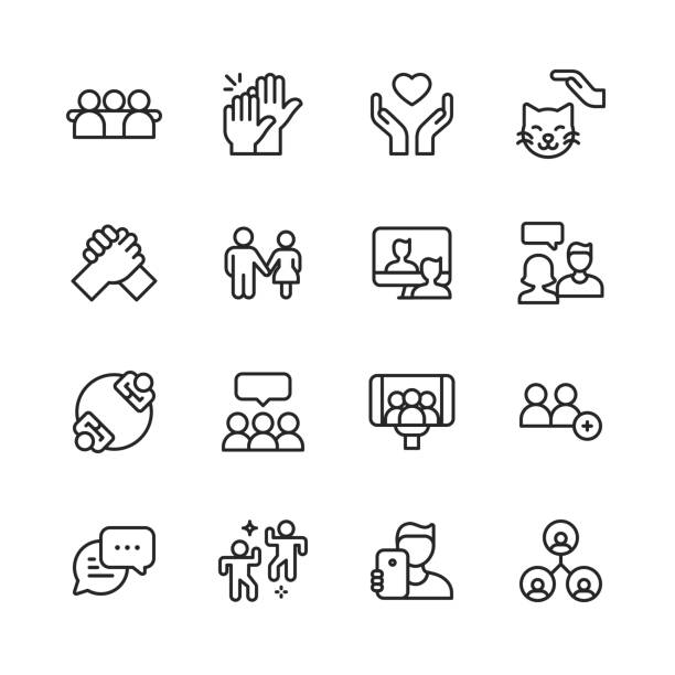 Friendship Line Icons. Editable Stroke. Pixel Perfect. For Mobile and Web. Contains such icons as Friend, Party, Handshake, Invitation, Greeting Card, Bonding, Mental Health, High Five, Video Call, Pet, Couple, Relationship, Selfie, Love, Fist Bump. 16 Friendship Outline Icons. Friend, Group of People, Social Gathering, Party, Handshake, Human Hand, Teamwork, Partnership, Cup of Coffee, Tea, Message, E-Mail, Invitation, Communication, Greeting Card, Bonding, Togetherness, Support, Mental Health, High Five, Video Call, Social Media, Depression, Meeting, Pet, Couple, Relationship, Woman, Man, Selfie, Dancing, Love, Fist Bump. selfie icons stock illustrations