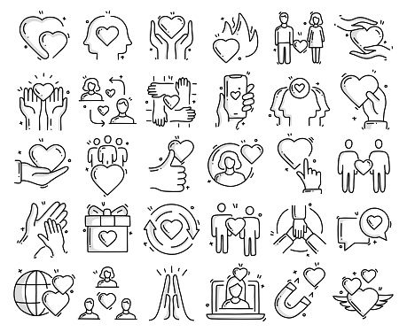 Friendship, Relationship and Love Related Objects and Elements. Hand Drawn Vector Doodle Illustration Collection. Hand Drawn Icons Set.