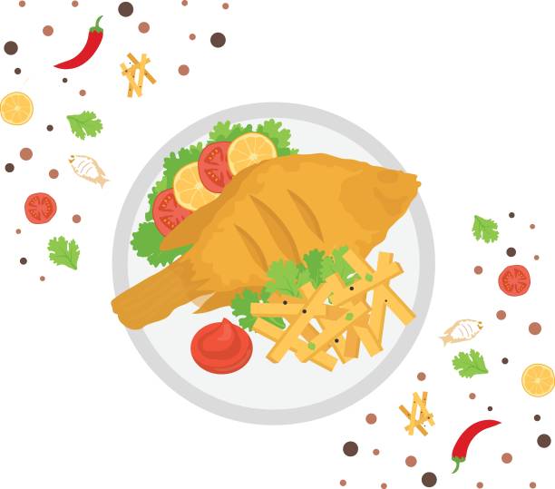 illustrations, cliparts, dessins animés et icônes de fries and salmon vector icon design, national dish of united kingdom or britain sign, traditional cuisine symbol, gourmet food cooking with ingredients , fried fish and chips on plate concept - filet de poisson