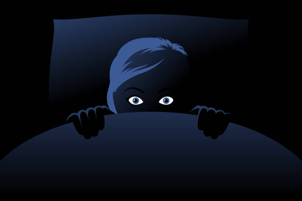 Frightened woman hiding behind blanket at night, concept of nightmare Frightened woman is hiding behind blanket in bed at deep night, panicking, looking fearful and anxious, feeling horror. Concept of nightmares, sleeping problem, insomnia caused by phobias bed furniture silhouettes stock illustrations