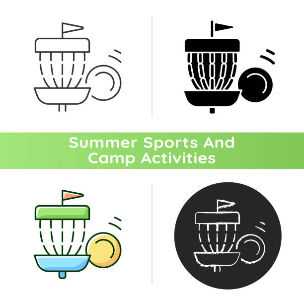 Frisbee golf icon Frisbee golf icon. Throwing flying disc into basket. Competitive non-contact team sport. Summer camp activity. Disc golf. Linear black and RGB color styles. Isolated vector illustrations frisbee clipart stock illustrations