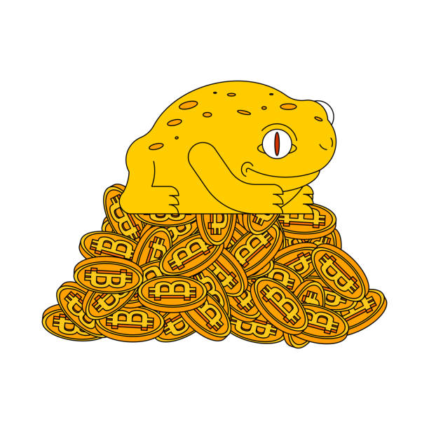 개구리 그리고 bitcoin입니다. 부의 중국 상징입니다. 암호화 통화 하 고 두 꺼 비입니다. 광부 - altcoin stock illustrations