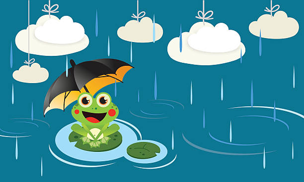 Frog in the rain with umbrella vector art illustration