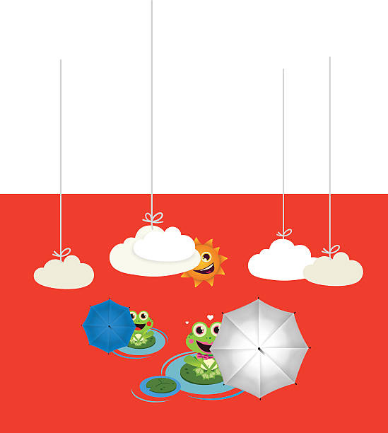 Frog with red and black umbrella in summer vector art illustration